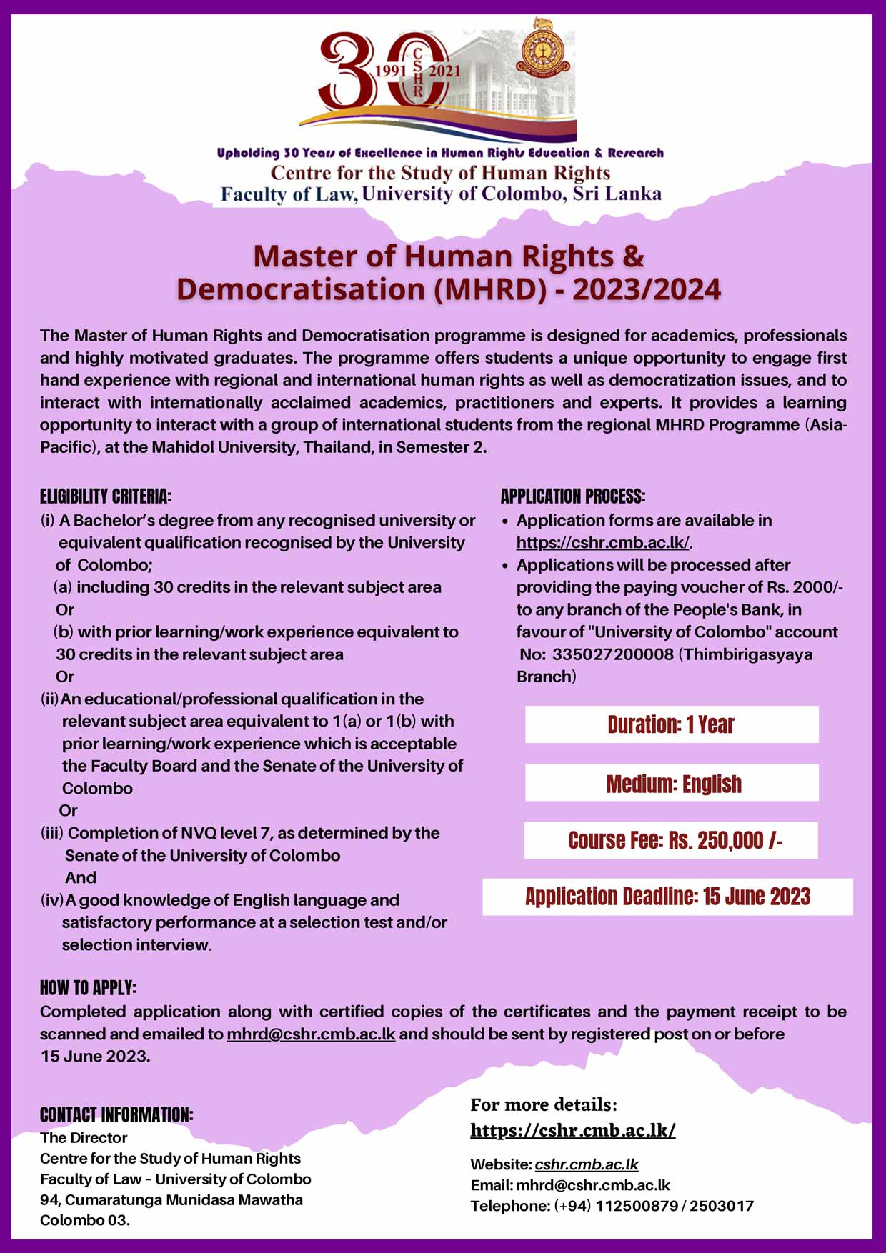 Call For Application: Master of Human Rights and Democratisation – 2023/2024
