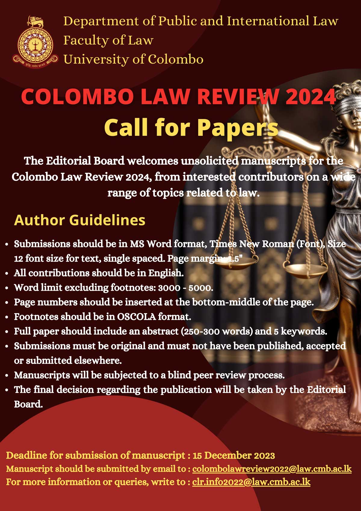 Colombo Law Review (CLR) – Call for papers 2024