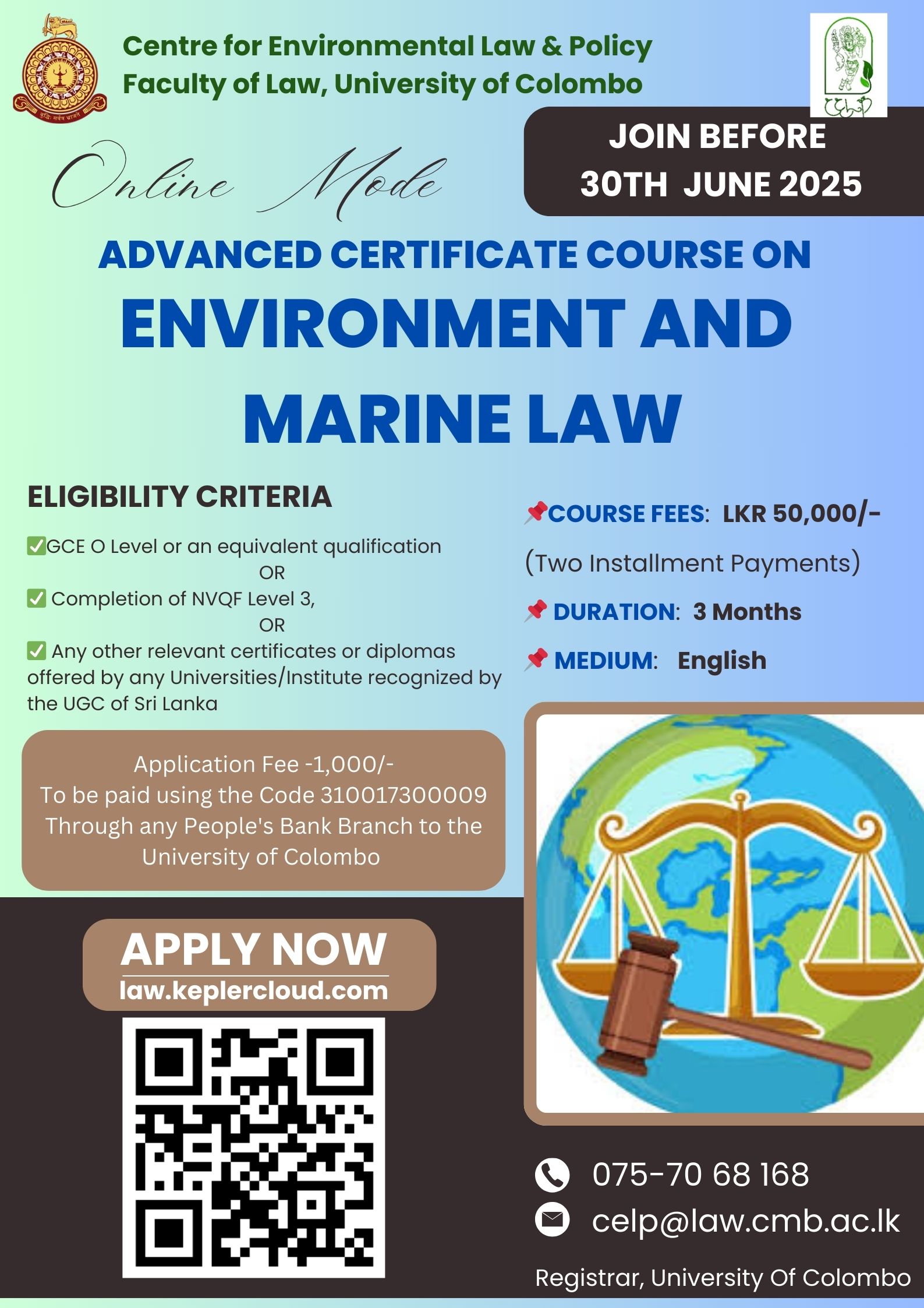 Application for Advanced Certificate Course on Environment and Marine Law are Open Now