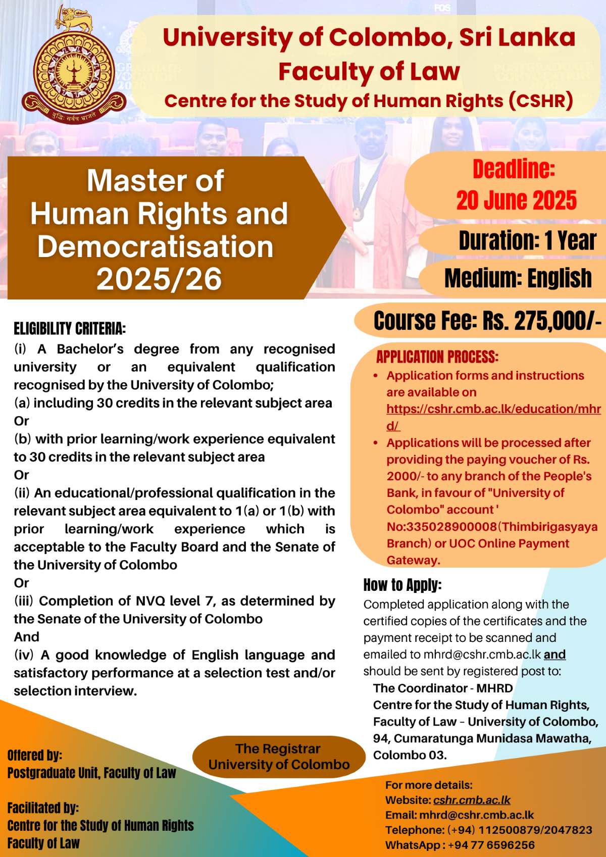 Application for Master of Human Rights and Democratisation 2025/26 programme are Open Now
