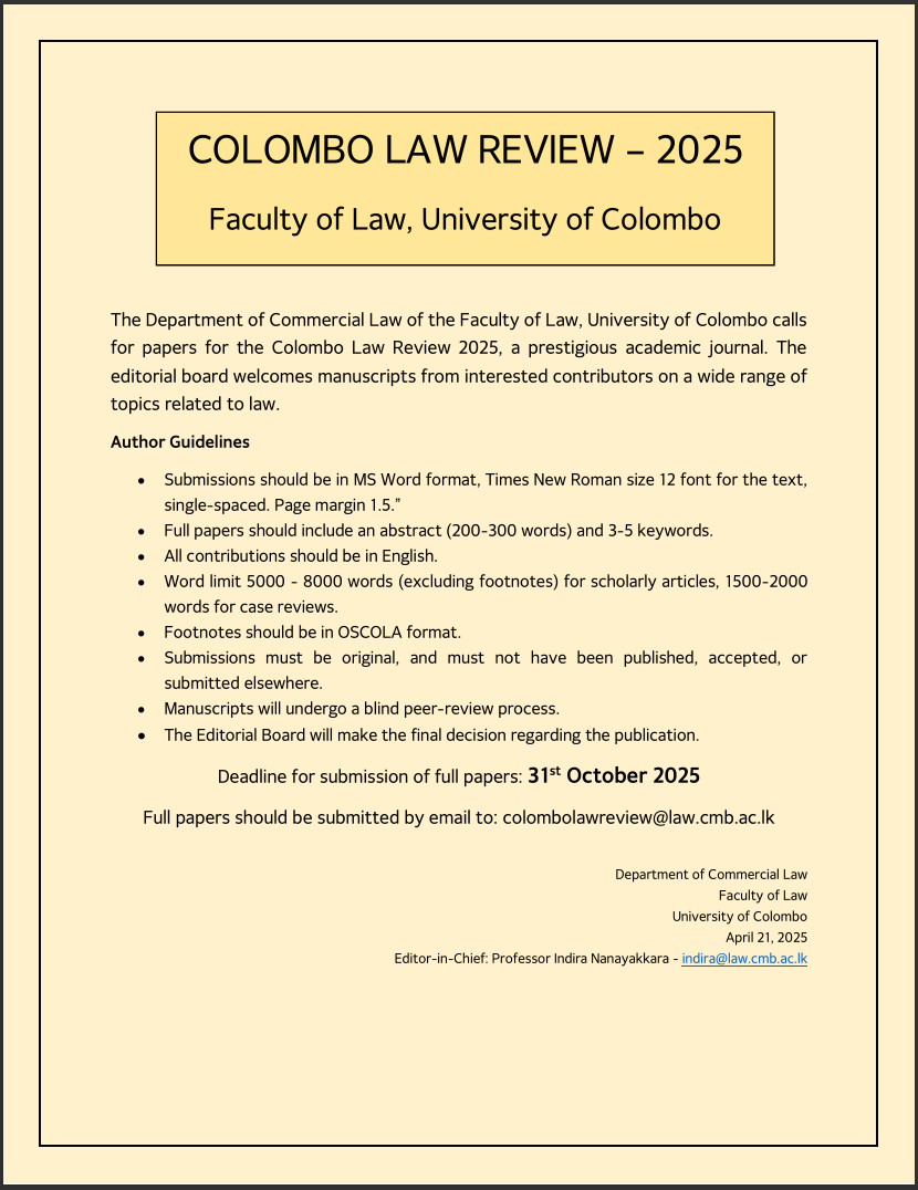 COLOMBO LAW REVIEW – 2025 Call for Papers