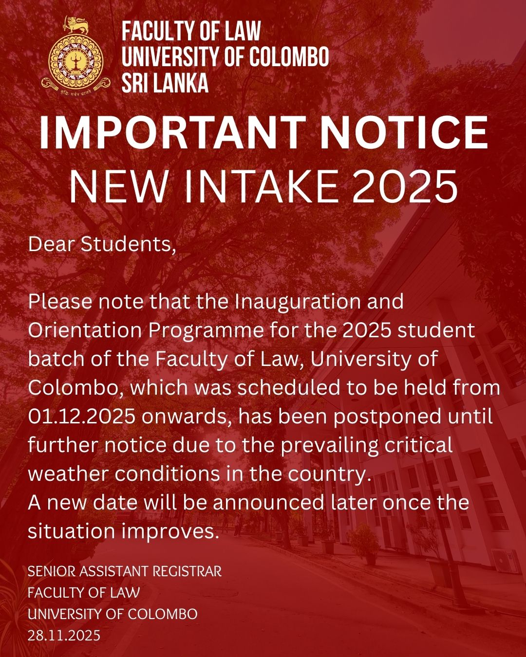Important Notice  2025 Student Batch – Faculty of law,  University of Colombo
