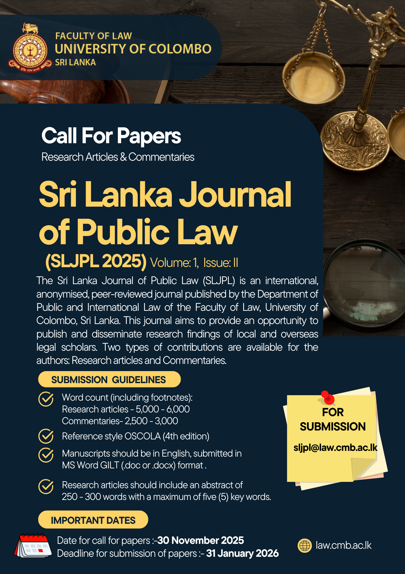 Call For Papers Research Articles & Commentaries – Sri Lanka Journal of Public Law 2025