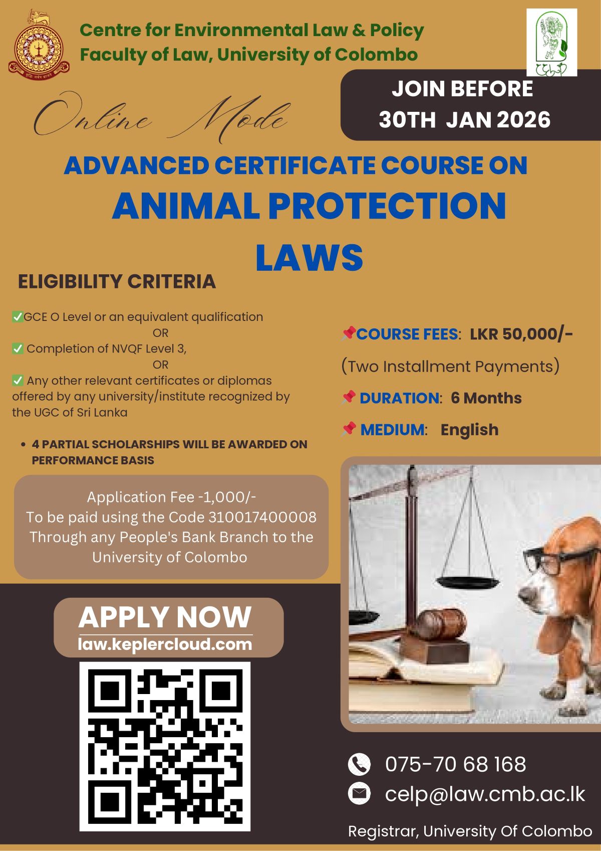 APPLICATION FOR ADVANCED CERTIFICATE COURSE ON ANIMAL PROTECTION LAWS ARE OPEN NOW
